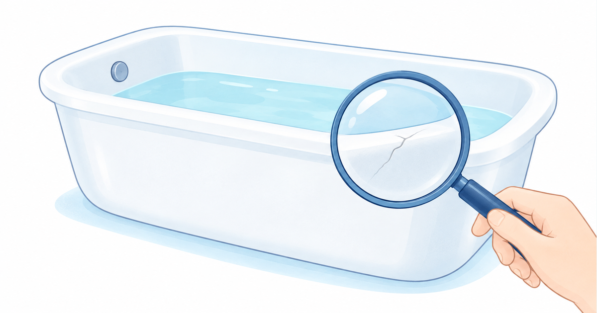 浴槽の小さなひびを拡大して確認するイラスト