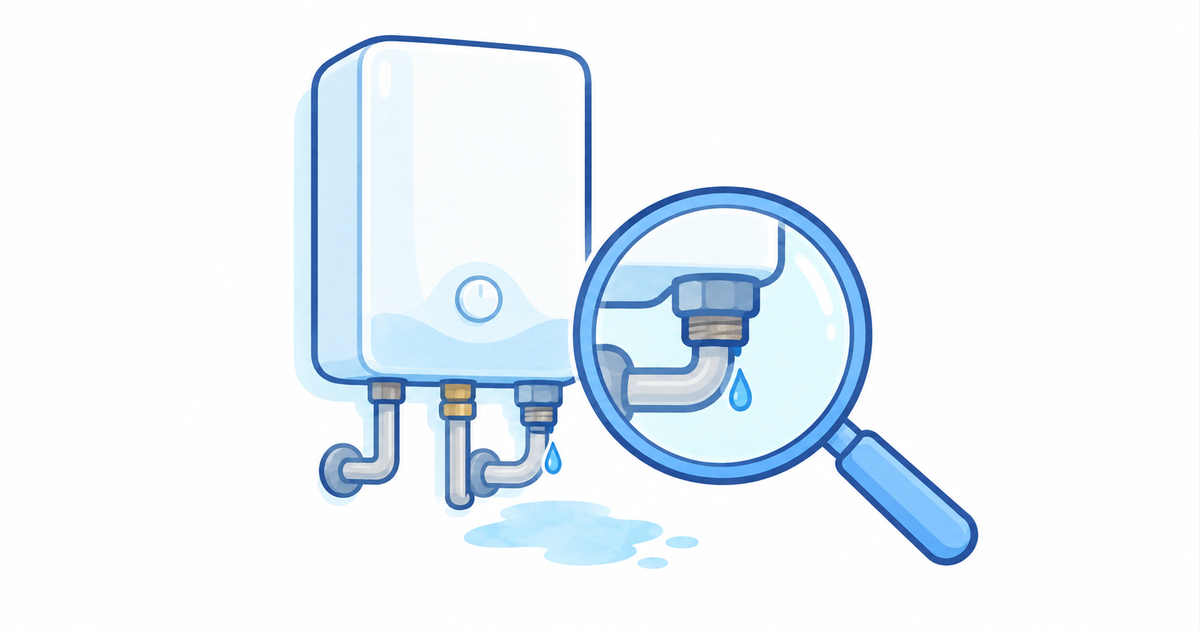 給湯器の配管付近の水滴を確認するイラスト